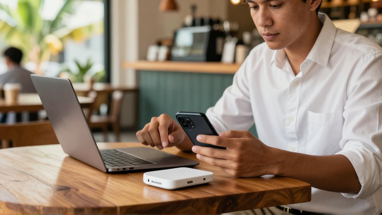 An entrepreneur configures a mobile hotspot on a smartphone in a bright, modern cafe.