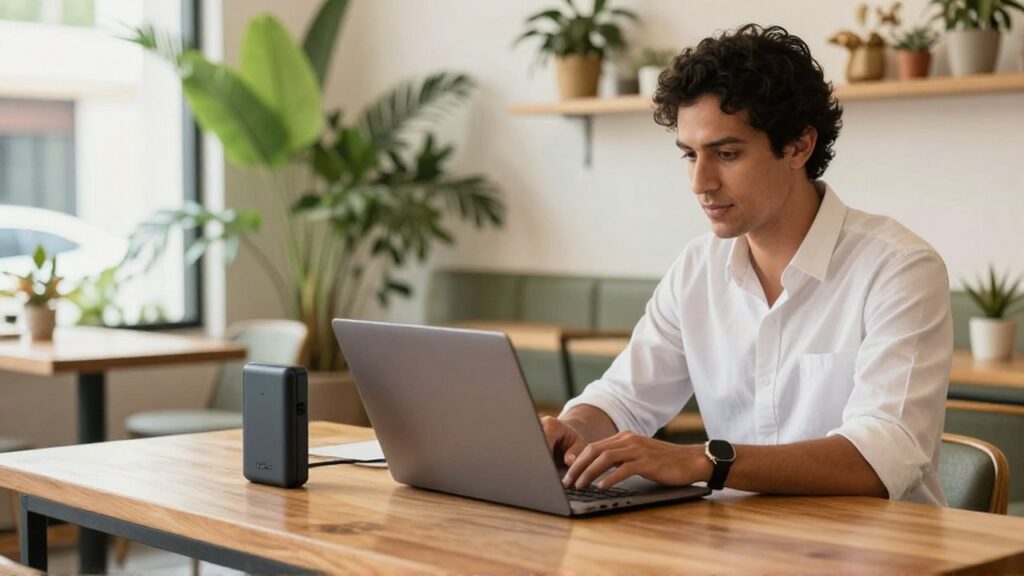 A small business owner works on a laptop using a portable mobile hotspot in a sunlit cafe.