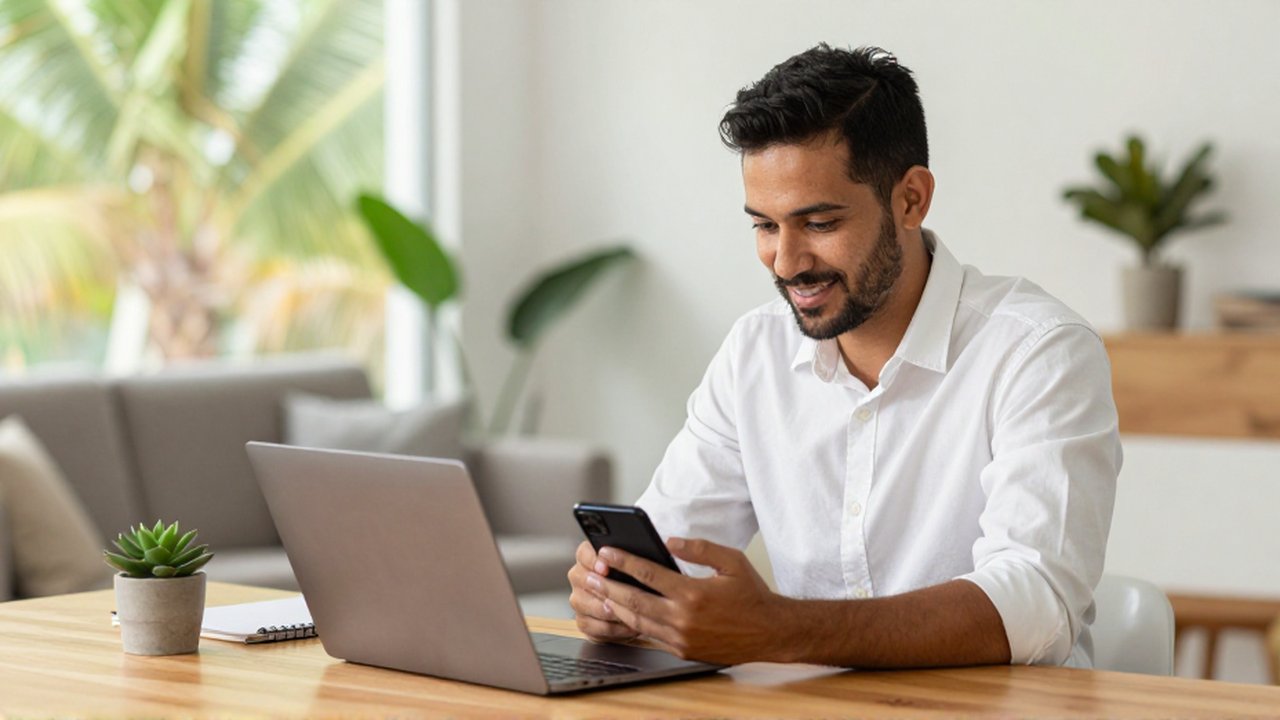 A smiling entrepreneur interacts with a smartphone at a modern wooden desk in a bright home office.