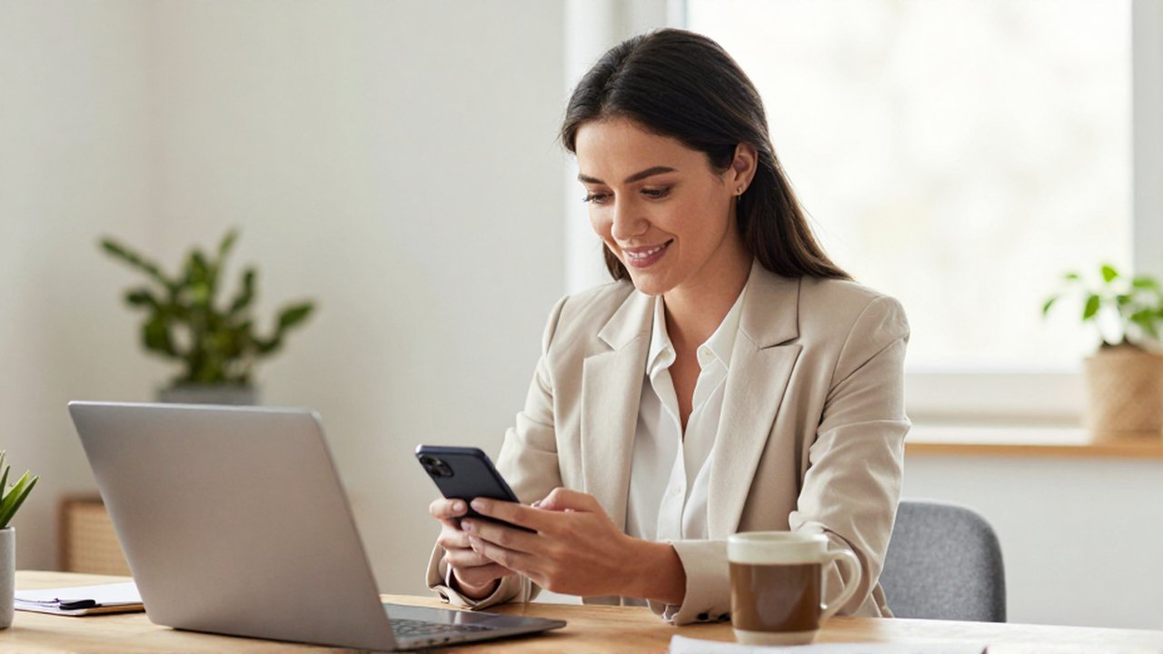 A smiling woman types on her smartphone at a sunlit desk with a laptop and coffee.