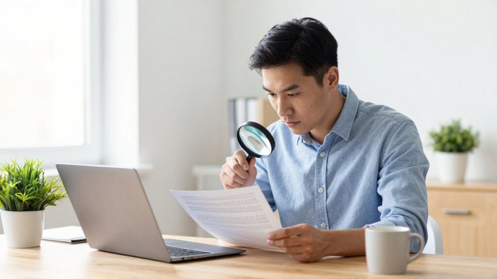 A focused professional uses a magnifying glass to cross-reference a printed document with a laptop.