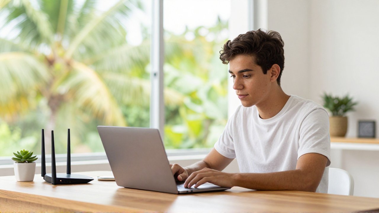 A focused university student sits at a wooden desk attending an online video lecture.