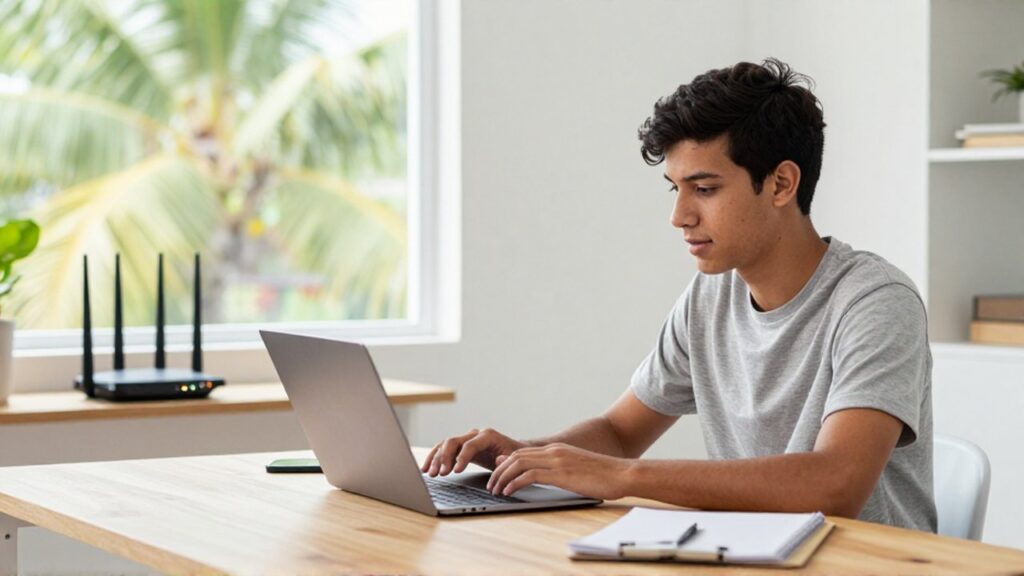 A focused student participates in an online lecture at a bright