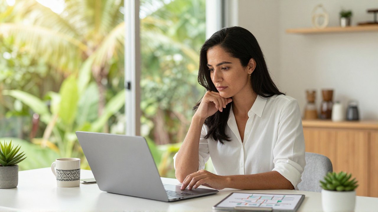 A focused woman works on a laptop and tablet at a sunlit desk overlooking a garden.