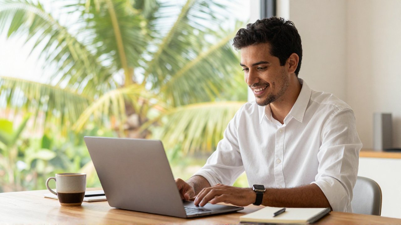 A smiling entrepreneur engages in a video call from a bright, tropical home office.