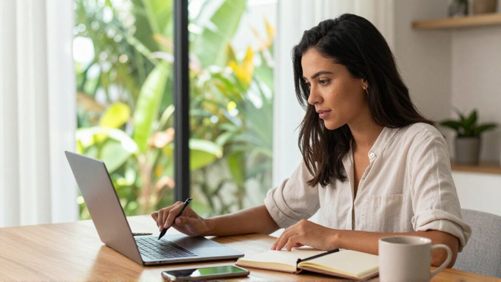 A woman in her late 20s takes notes during a video call in a sunlit