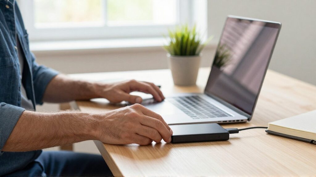 A person connects an external hard drive to a laptop on an organized desk.