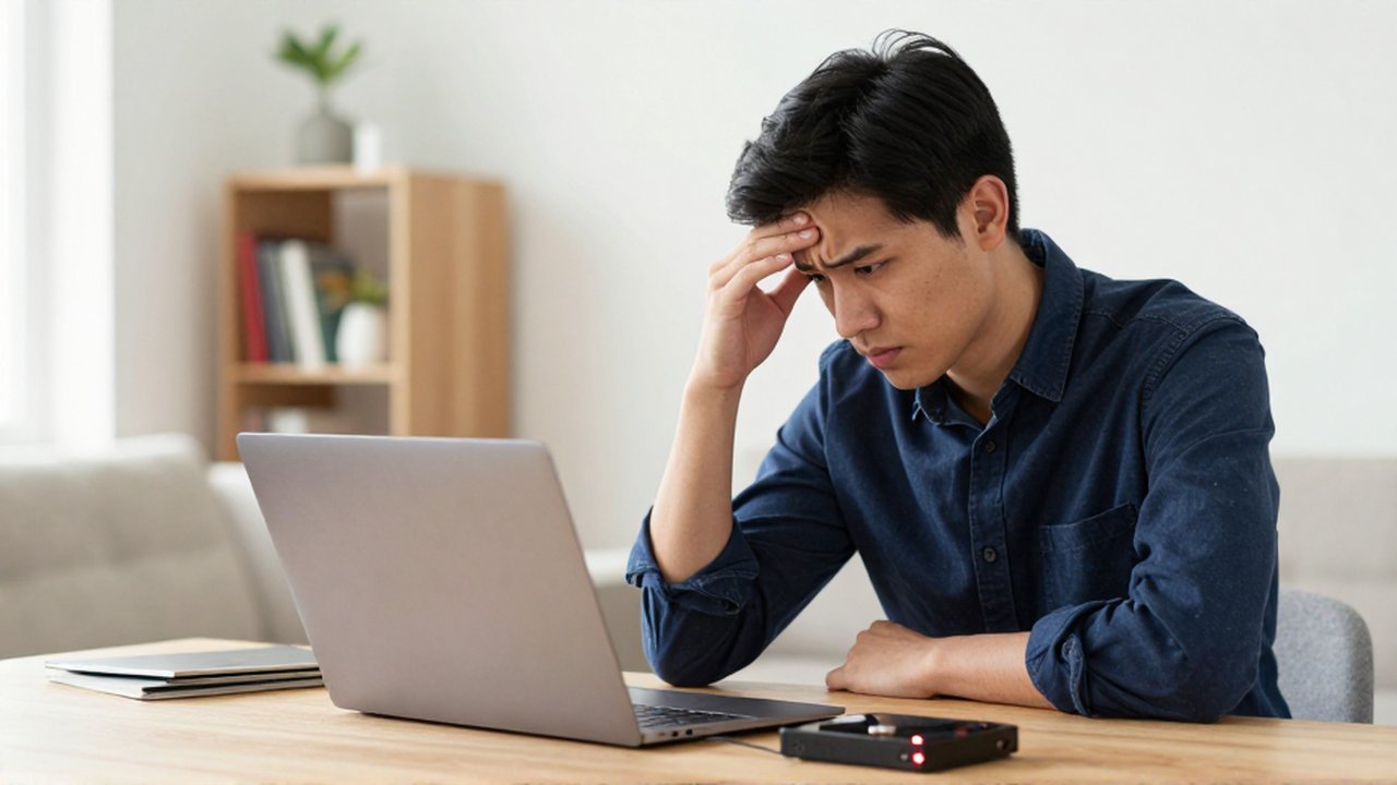 A frustrated professional touches their forehead while staring at a laptop and a malfunctioning hard drive.
