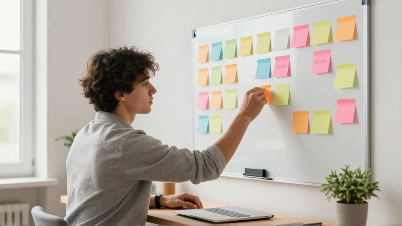 A young professional organizes colorful sticky notes on a whiteboard in a bright, minimalist home office.