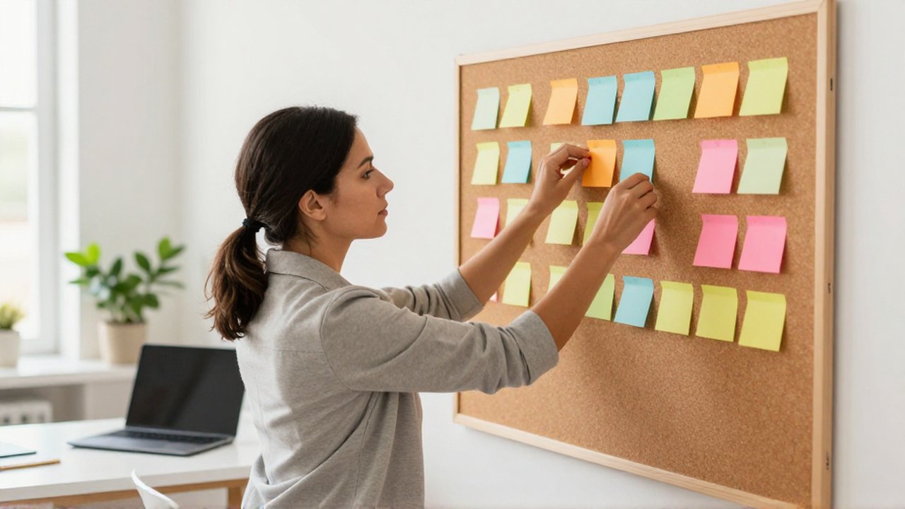 A professional woman organizes colorful sticky notes on a corkboard in a bright, modern home office.