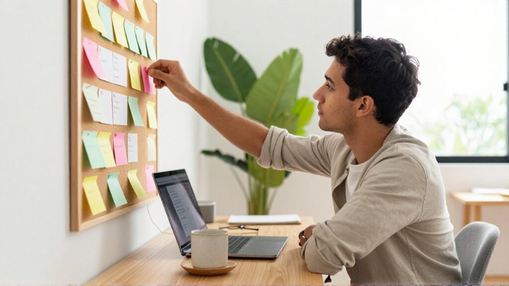 A young entrepreneur organizes colorful sticky notes on a Kanban board in a bright home office.