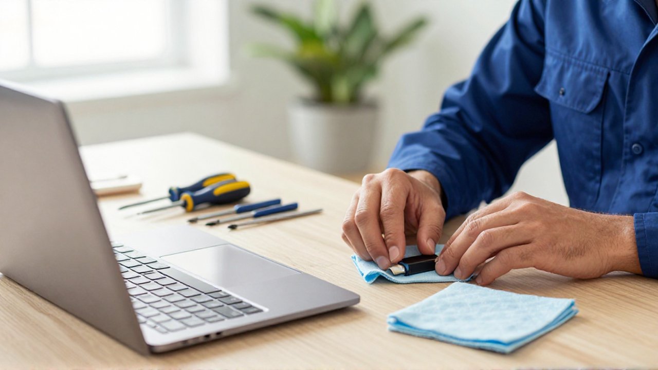 A technician organizes precision screwdrivers and tools on a desk while preparing a laptop for maintenance.
