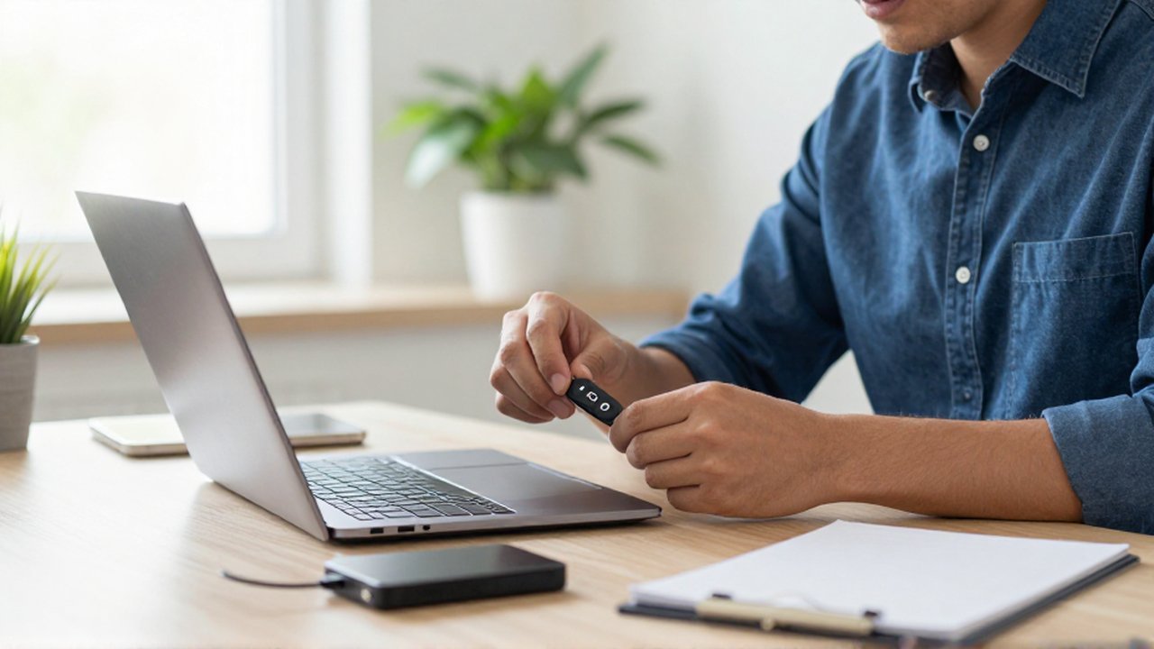 A technician's hands carefully set up a hardware security key on a laptop in a bright, organized home office.