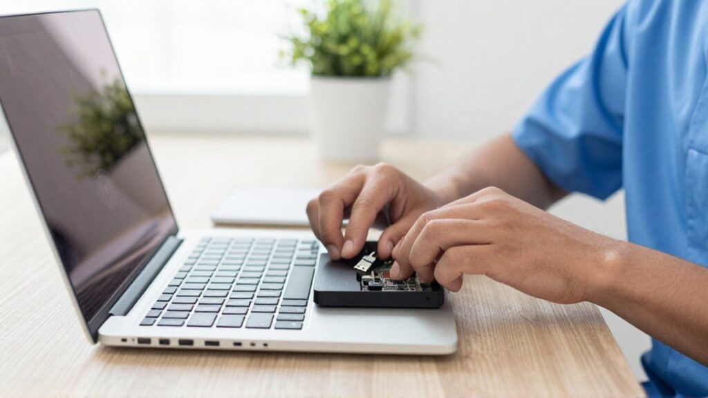 A technician uses an external drive and USB security key to clean a laptop in a modern home office.