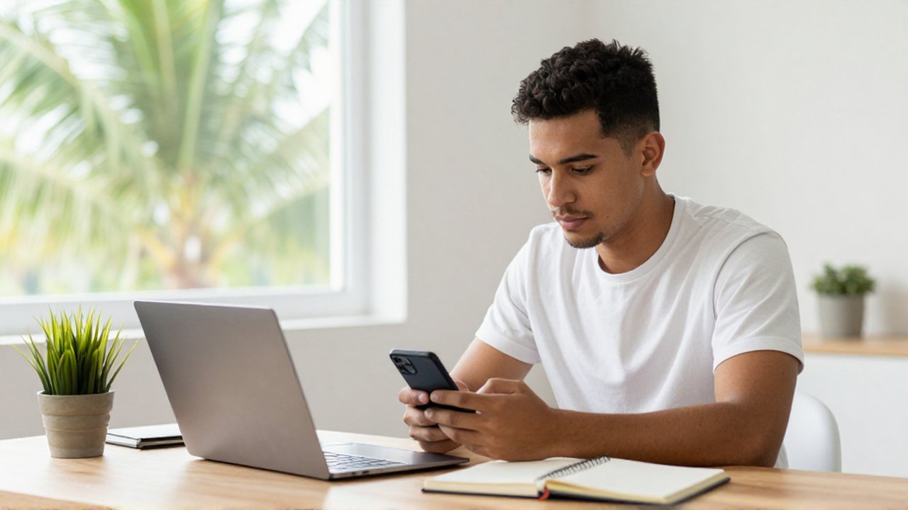 A young Dominican man sits at a wooden desk in a bright home office, focused on his smartphone.
