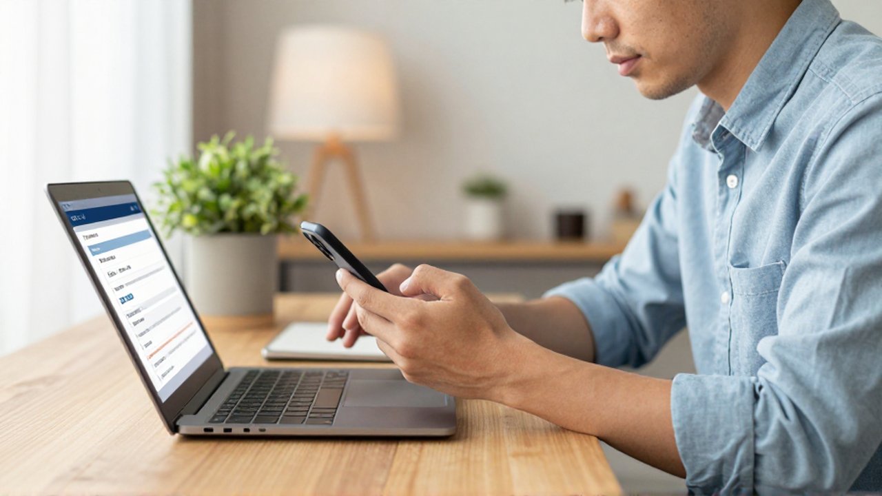 A focused young adult manages digital security settings using a smartphone and laptop in a bright home office.