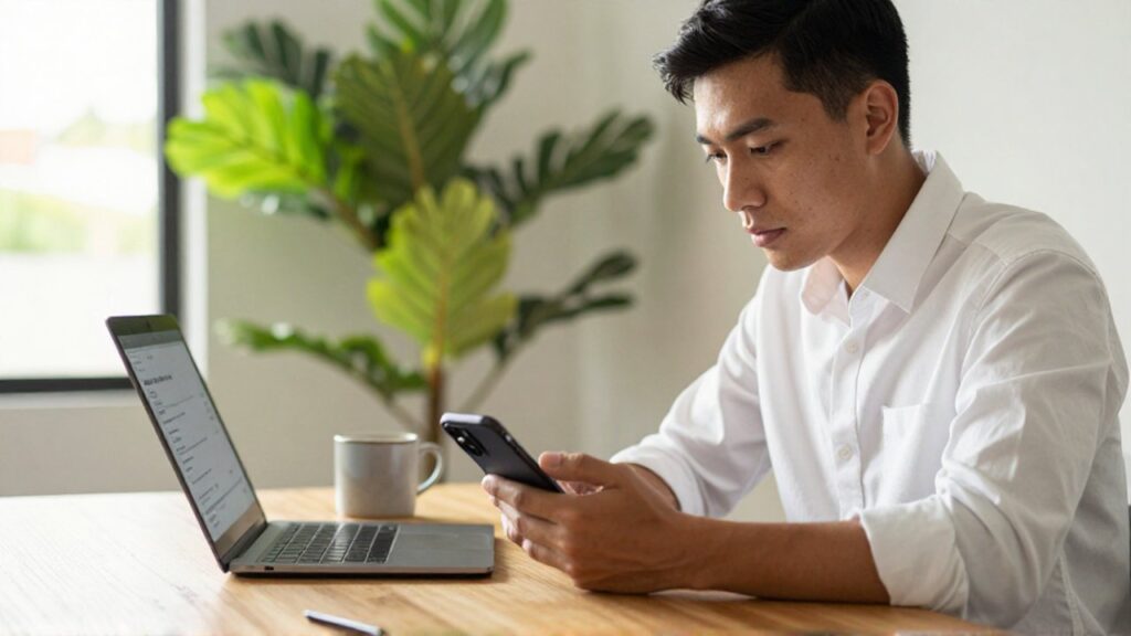 A young professional holds a smartphone while looking at a laptop in a sunlit home office.