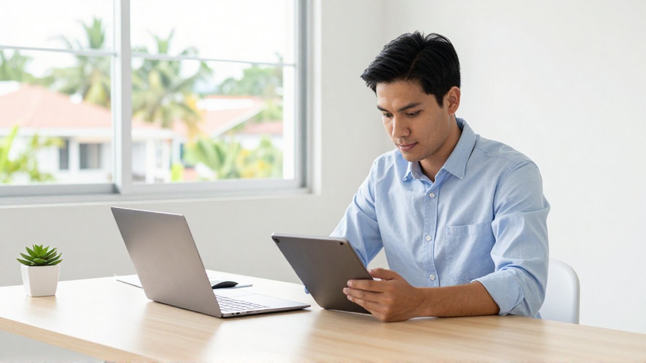 A focused entrepreneur uses a tablet at a minimalist desk in a sunlit, modern home office.