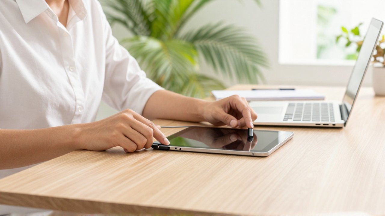 A professional connects a tablet to a laptop with a USB-C cable in a bright home office.