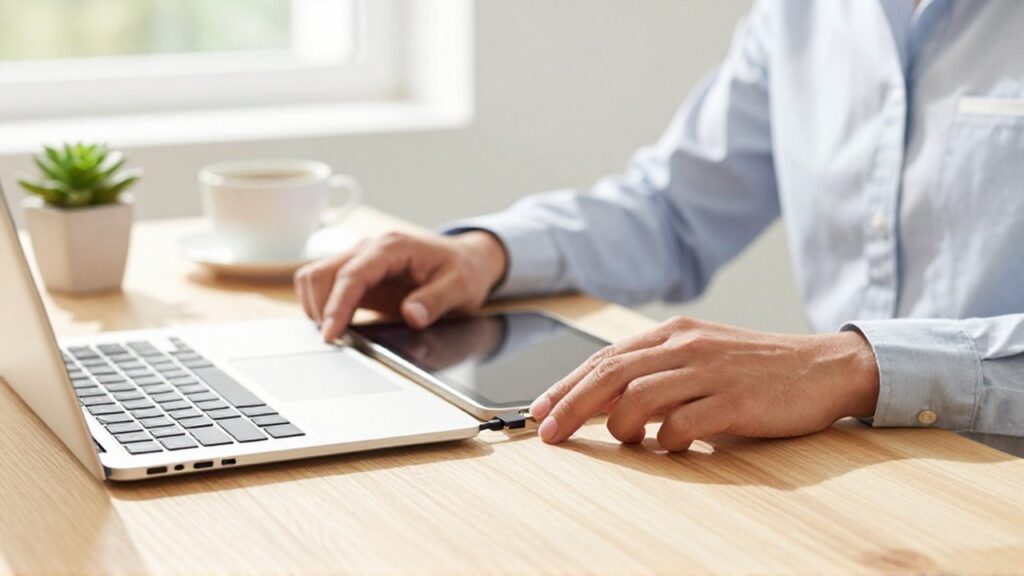 Hands connect a USB-C cable between a slim tablet and a silver laptop on a wooden desk.
