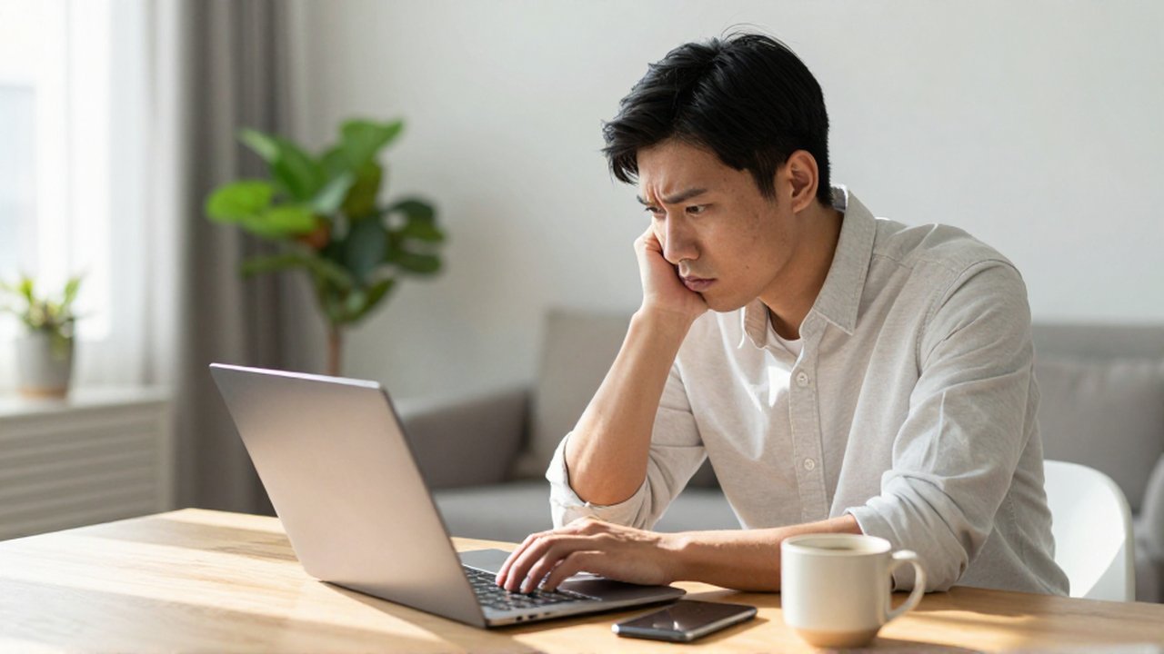 A skeptical young professional examines a laptop screen while sitting at a desk in a sunlit home office.