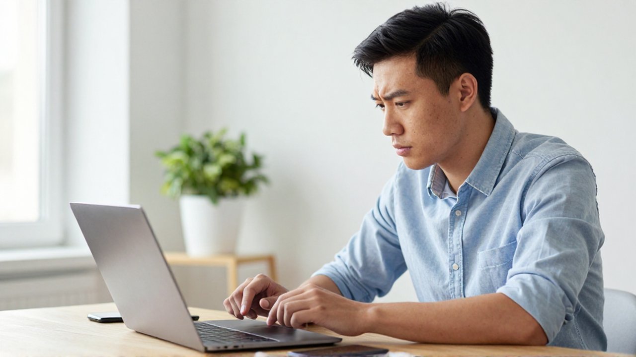 A focused professional sits at a wooden desk, carefully hovering a finger over a laptop trackpad.