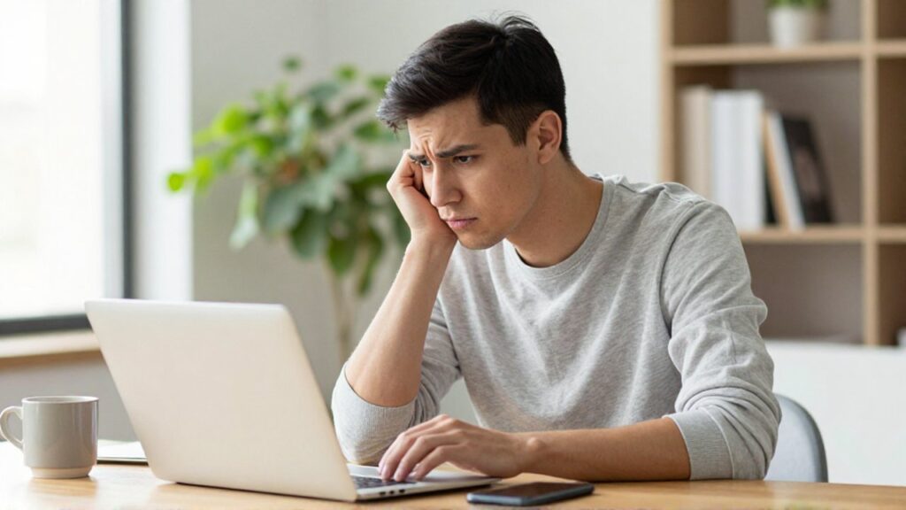 A skeptical young professional pauses with a hand over a laptop trackpad in a sunlit home office.