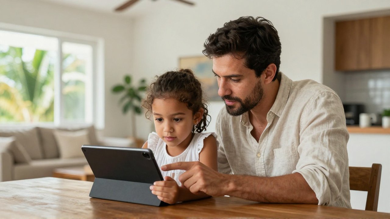 A father sits beside his young daughter at a wooden table, guiding her through a web browsing session on a tablet.