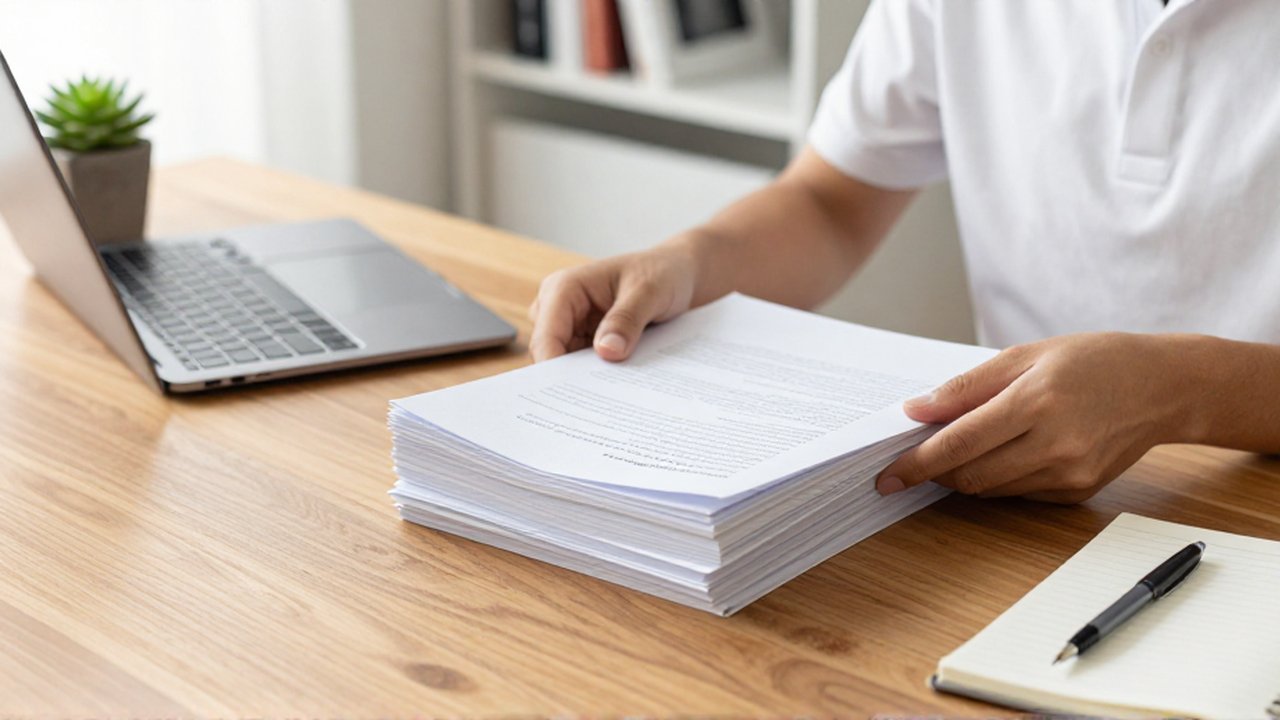 A student organizes a neat stack of academic papers on a mahogany desk in a bright home office.