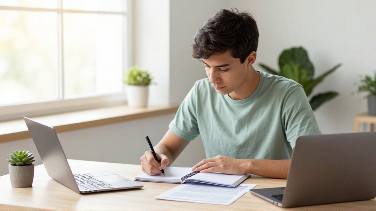 A focused university student writes notes in a notebook while studying a printed academic journal.