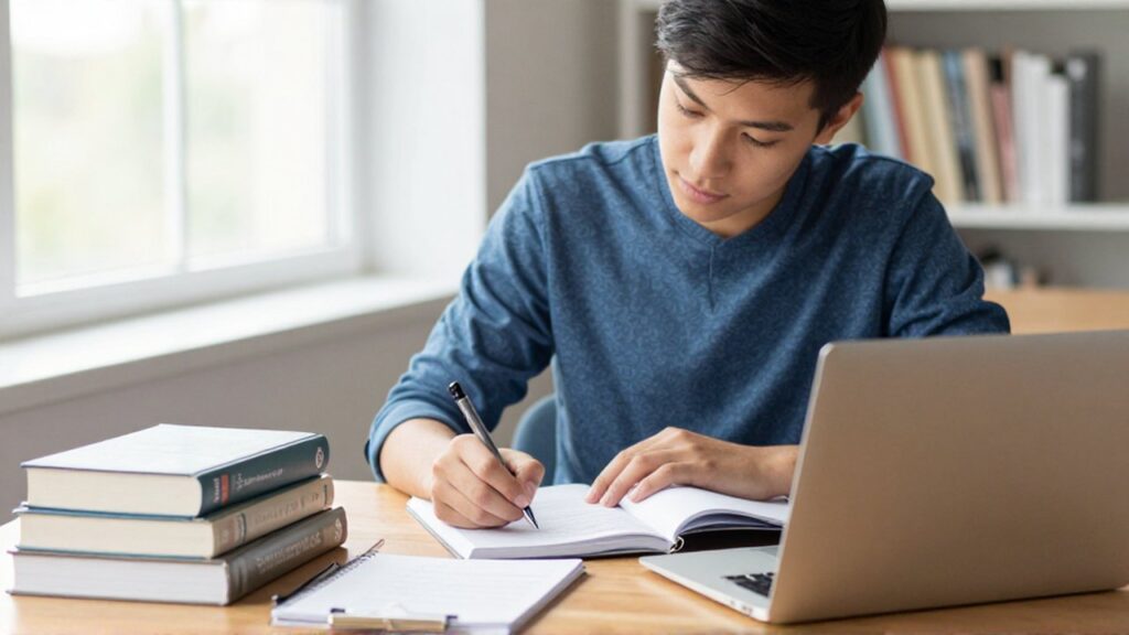 A focused student writes in a notebook at a desk surrounded by textbooks and a laptop.