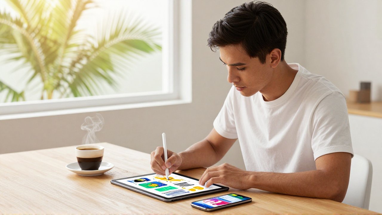 A young entrepreneur uses a stylus to design digital art on a tablet in a bright office.