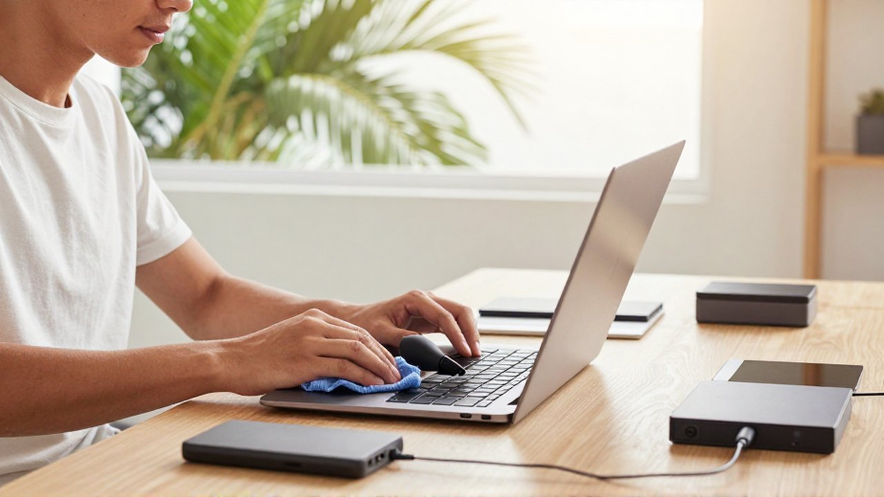 A young professional carefully cleans a laptop keyboard and vents in a bright, modern home office.