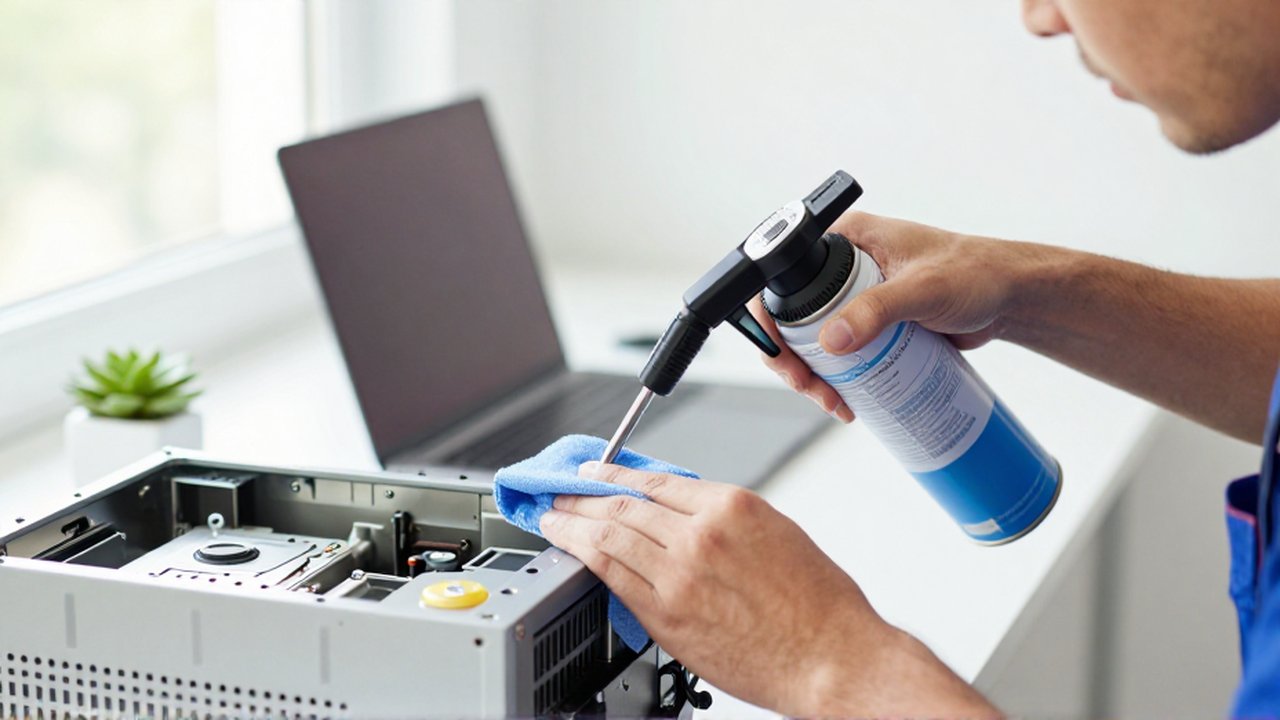 A technician uses compressed air and a microfiber cloth to clean a high-end workstation.