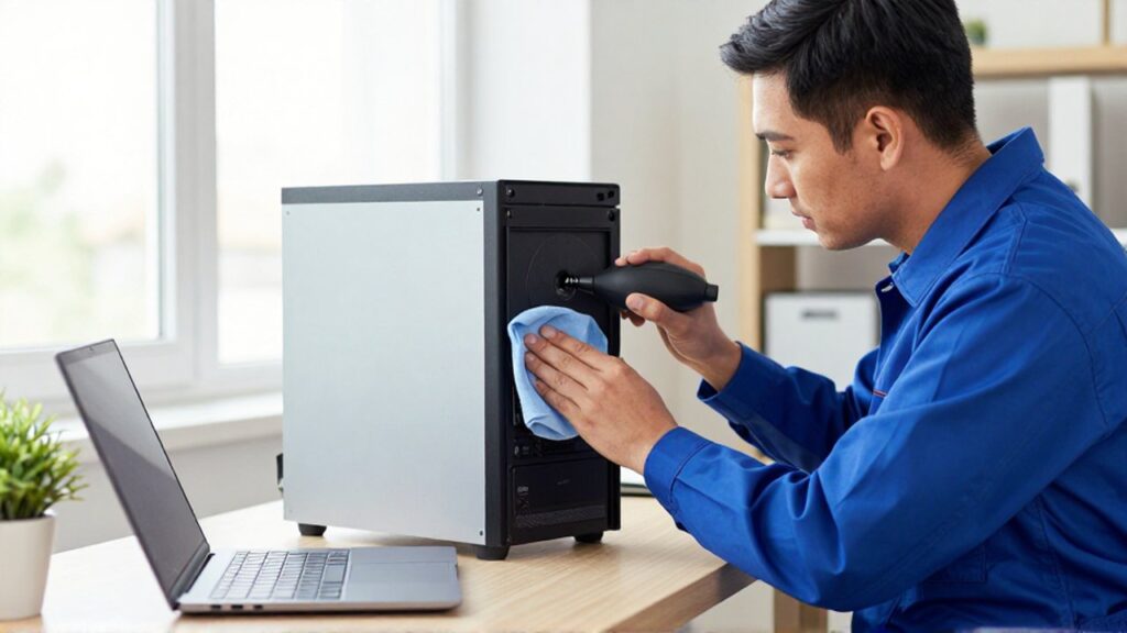 A technician cleans a desktop computer and laptop with a cloth and air blower in a bright office.