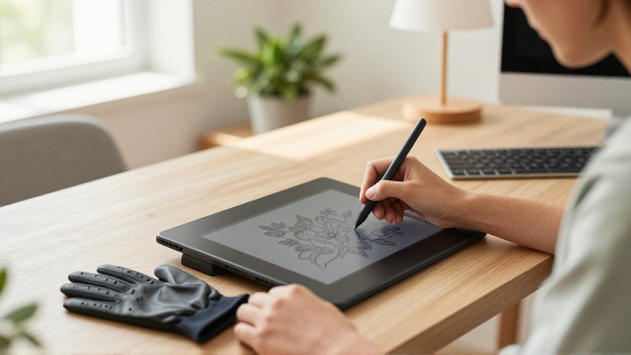 A digital artist uses a stylus to draw intricate floral patterns on a tablet in a bright, modern studio.