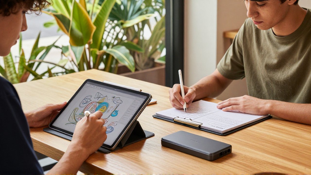 A digital artist and a student work on their respective tablets at a sunlit café table.