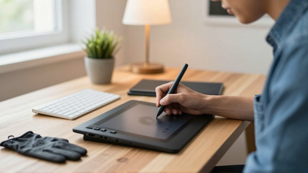 A digital artist uses a stylus on a tablet at a tidy