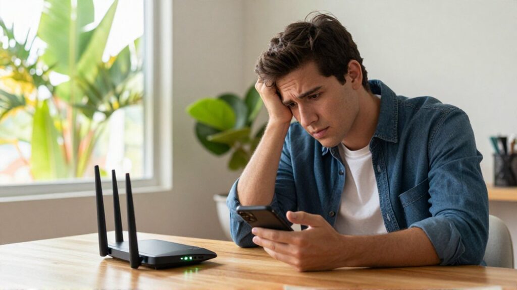 A frustrated young professional examines a glowing internet router while holding a smartphone in a sunlit home office.