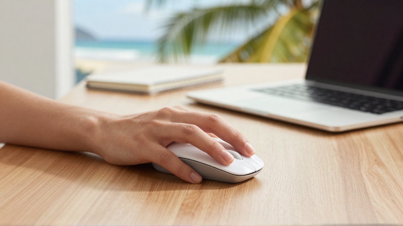 A hand uses a wireless mouse on a wooden desk in a bright home office.