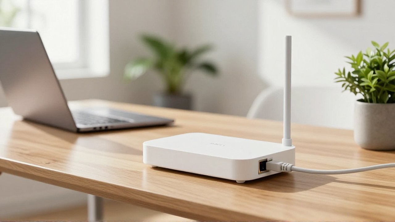 A white optical network terminal with a single fiber optic cable on a wooden desk.