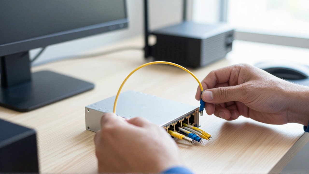 A technician's hands connect a yellow fiber optic patch cord to a network terminal on a wooden workbench.