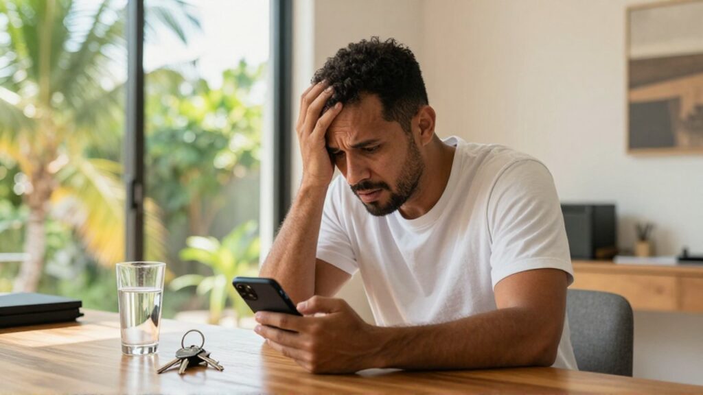 A worried man stares intensely at his smartphone while sitting at a table in a sunlit home office.