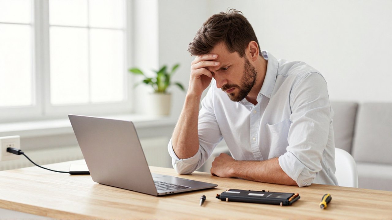 A stressed professional looks concerned at a thin laptop next to a disassembled battery and screwdriver.
