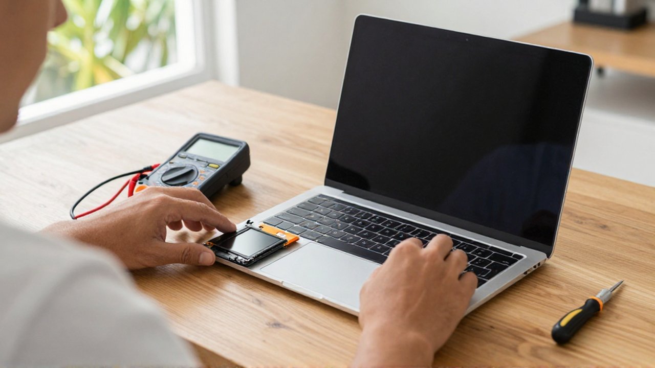 A technician's hands inspect the internal components and battery of a disassembled laptop on a wooden workbench.