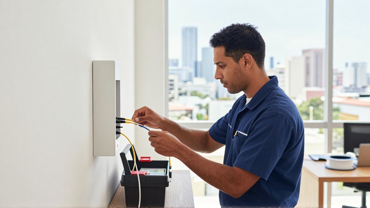 A technician in uniform installs a fiber optic terminal in a bright, modern apartment.