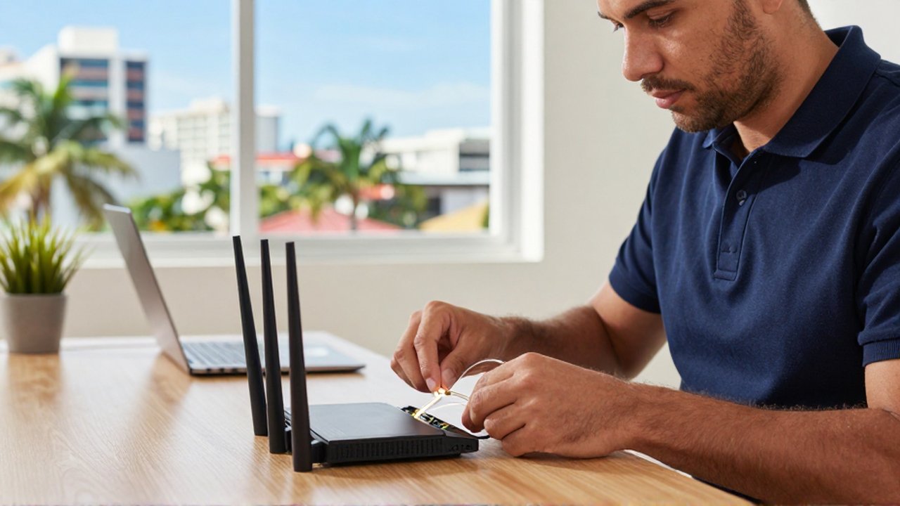 A technician installs a glowing fiber optic cable into a router in a bright home office.