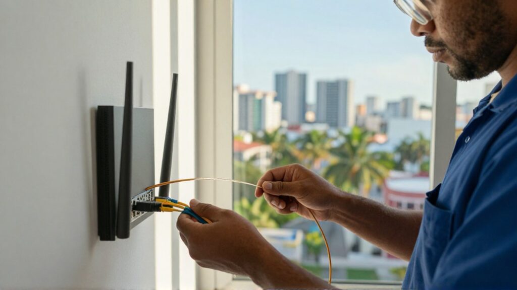 A technician in a uniform carefully installs a fiber optic cable into a wall-mounted router.