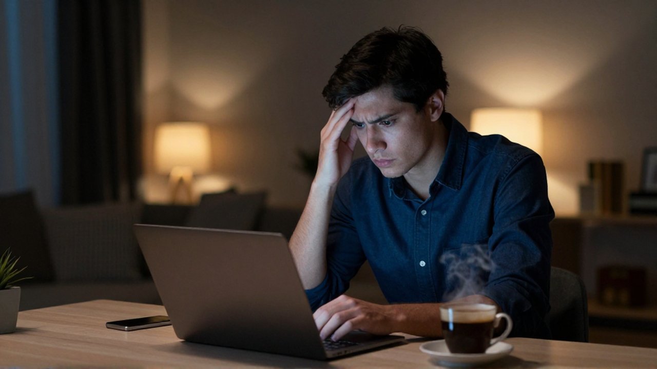 A concerned professional stares intensely at a laptop screen in a dimly lit home office.