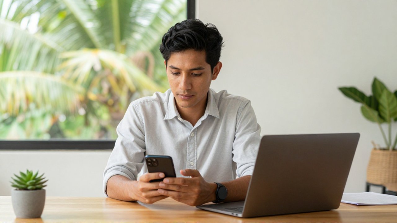 A focused professional examines a smartphone at a wooden desk in a bright, modern home office.